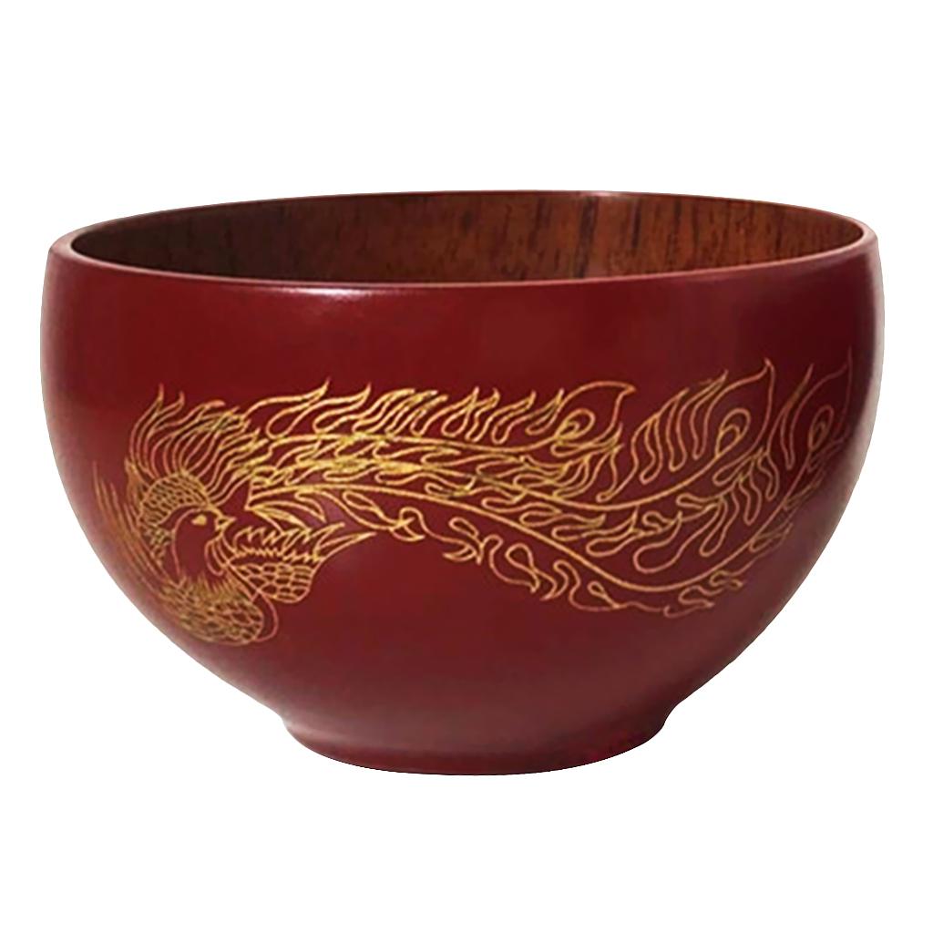 Phoenix Pattern Wood Rice Noodles Hand-crafted Serving Bowl Japanese Style Tableware Food Container red and Phoenix