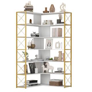 Angel Sar 37.40 in. Wide Golden and White Wood 7-Tier L-Shaped Bookcase Corner Bookcase with Metal Frame AD000273