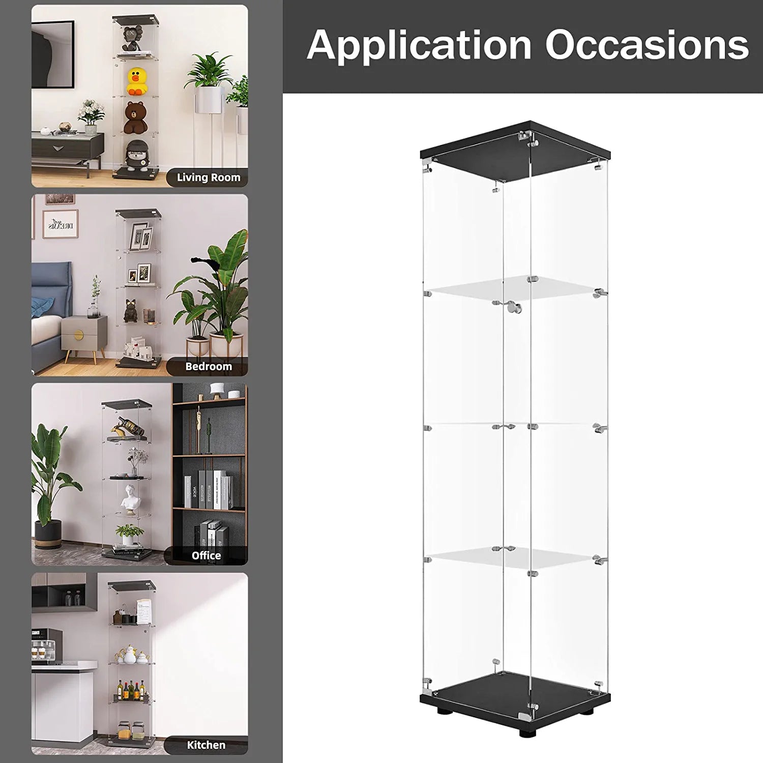 Holaki Upgrad 4-Shelf Glass Display Cabinet， Glass Curio Cabinets Bookshelf Display Case Trophy Case for Living Room Bedroom Kitchen， Black