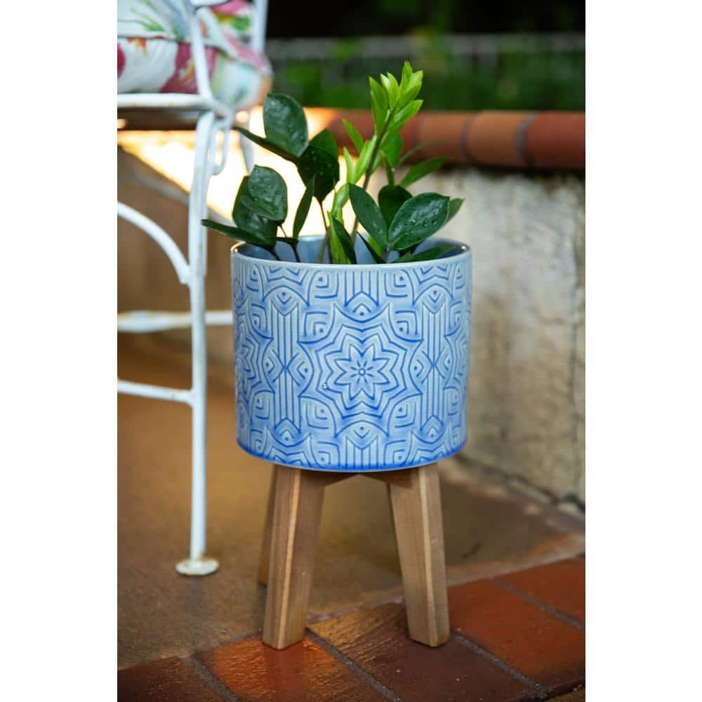 Flora Bunda 10 in. x 8 in. Star Ceramic Planter on Wood Stand， (Set of 2) CT1385E2-GSBL