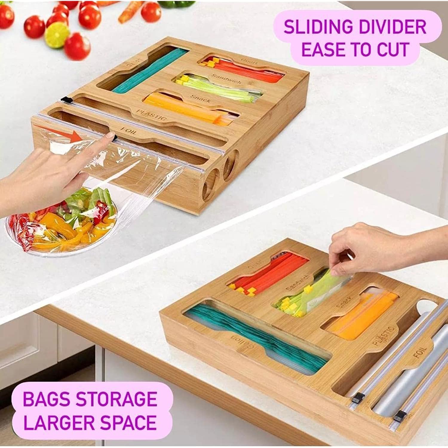 6 in 1 Bamboo ziplock bag organizer storage for kitchen drawer wall with foil and plastic