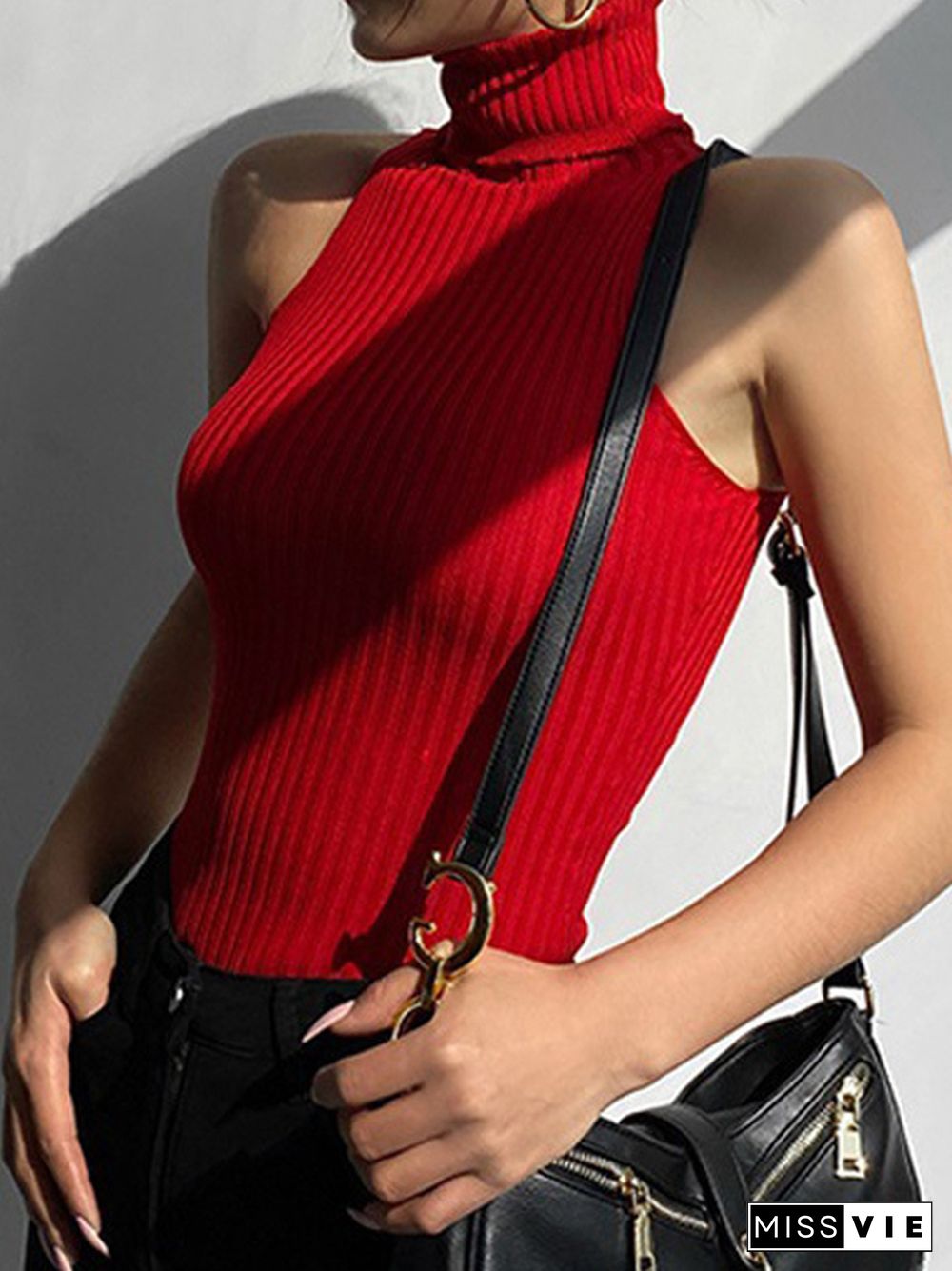 Solid Color High Neck Ribbed Knit Tank Top