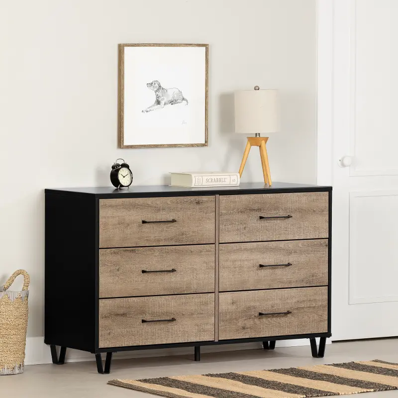 Arlen Weathered Oak and Matte Black 6 Drawer Dresser - South Shore