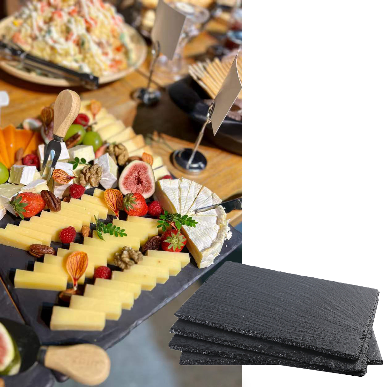 Set of 2 Black Slate Cheese Boards ， Individual Stone Plates for Cheese， Meat， Appetizers (8 x 12 In)