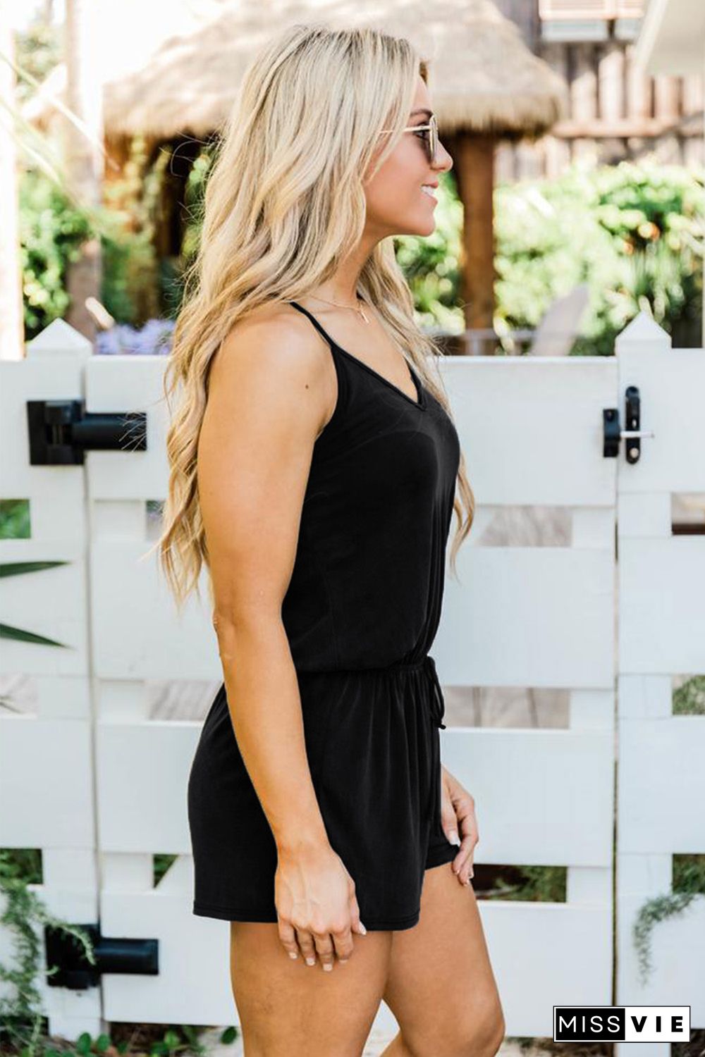 Black Spaghetti Straps V Neck Crisscross Back Romper