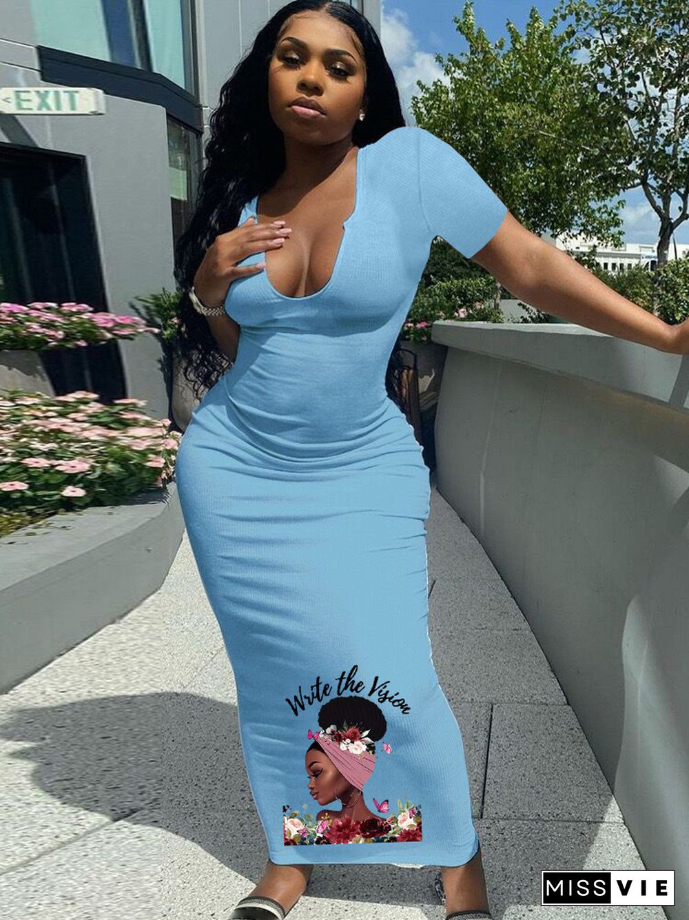 V Neck Short Sleeve Bodycon Maxi Dresses