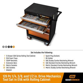 GEARWRENCH 120XP 14 in. x 38 in. and 12 in. Drive Mechanics Tool Set in EVA with 26 in. Rolling Cabinet (126-Pieces) GW126CABNTCB