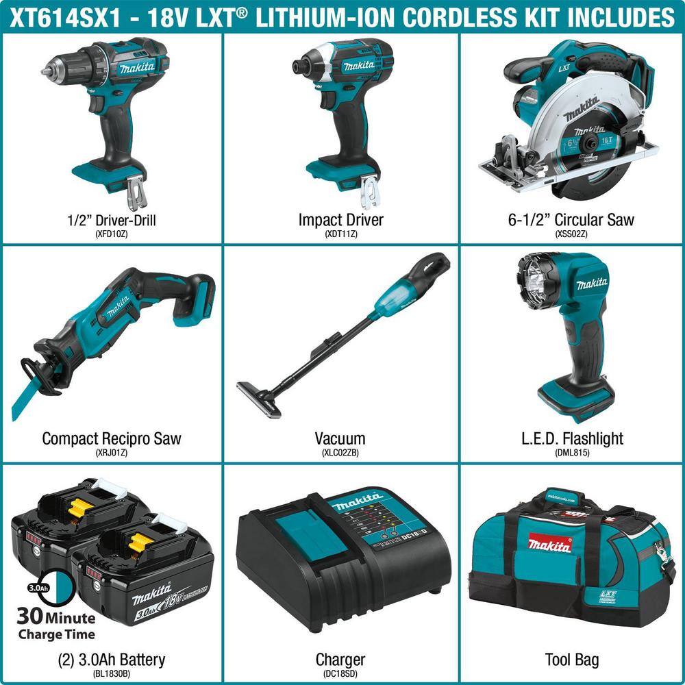 Makita 18V Lithium-Ion Cordless 6-Piece Kit (Drill-Driver Impact Driver Circular Saw Recipro Saw Vacuum Light) 3.0Ah XT614SX1