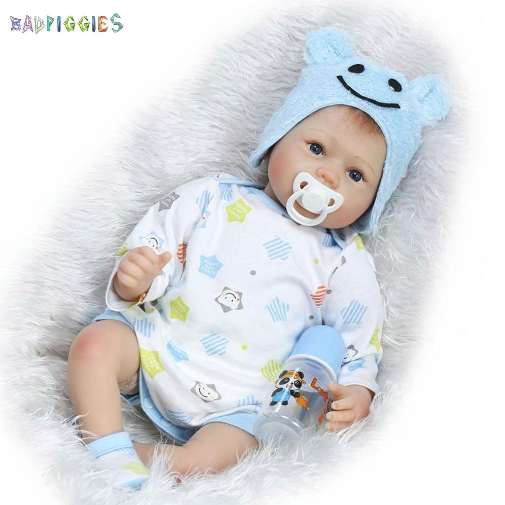 BadPiggies 22 Inch Reborn Baby Doll Handmade Soft Vinyl Silicone Lifelike Alive Baby Toys For Kids Xmas New Year Gift (Blue, Boy)