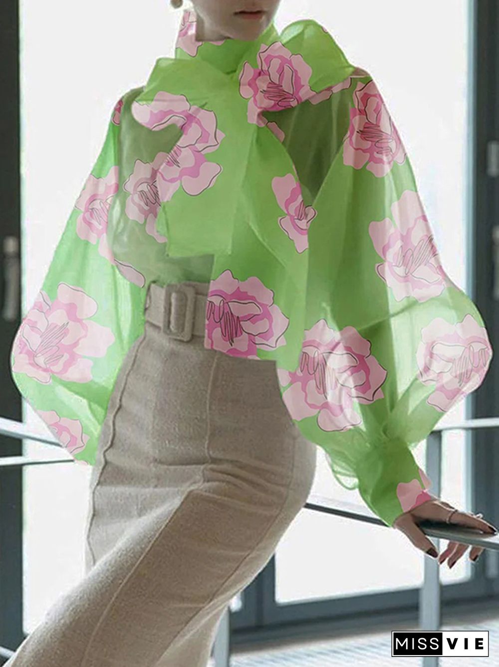 Loose Puff Sleeves Bow-Embellished Floral Printed See-Through Stand Collar Blouses&Shirts Tops