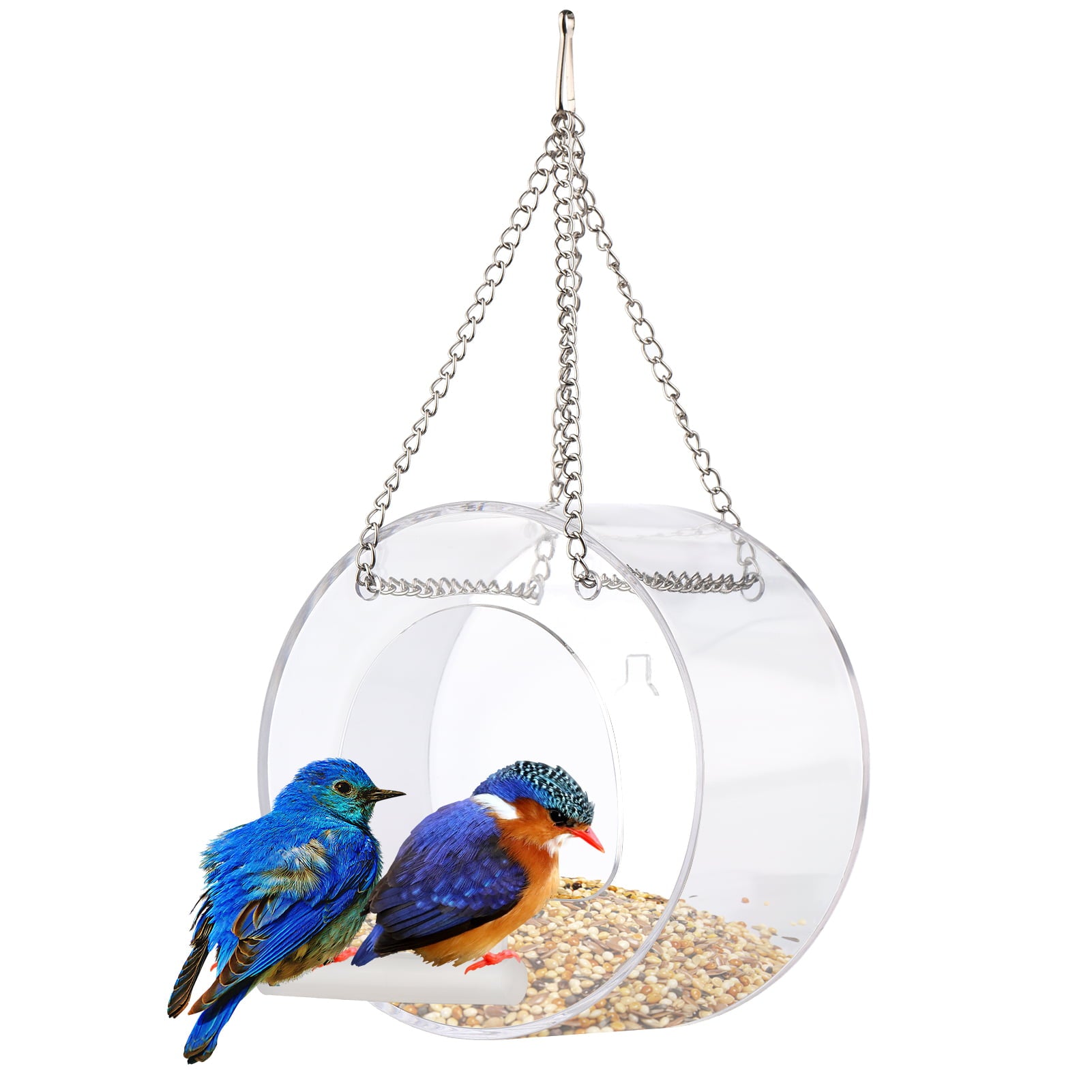 Clear Window Bird Feeder with Suction Cup Hanging Chain and Standing Pole Transparent Round Outside Birdhouse for Close Up View Outdoors Wild Birds