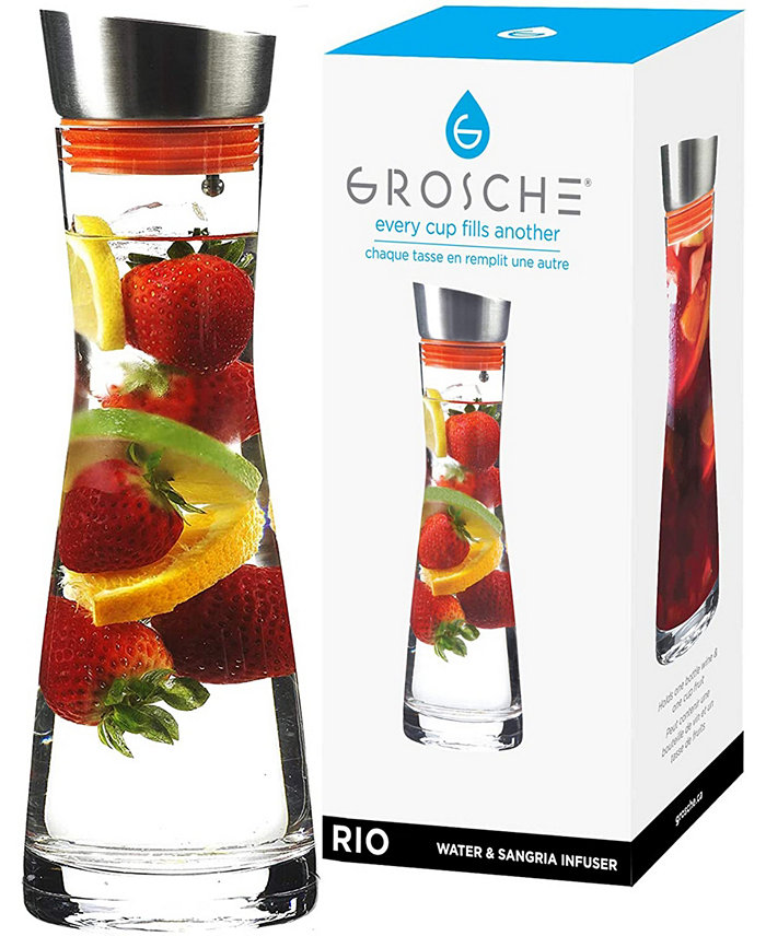 GROSCHE Rio Glass Infusion Water Pitcher and Sangria Maker Carafe with Stainless Steel Smart Filter Lid 34 fl oz