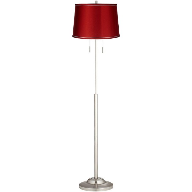 Tall Brushed Nickel Silver Metal Red Satin Tapered Drum Shade For Living Room Bedroom Office House