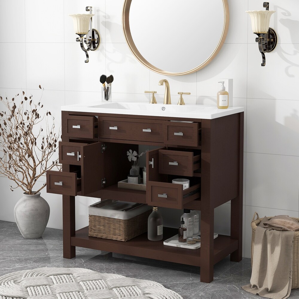 36'' Bathroom Vanity with Top Sink  Modern Bathroom Storage Cabinet with 2 Doors and 6 Drawers  Single Sink Bathroom Vanity