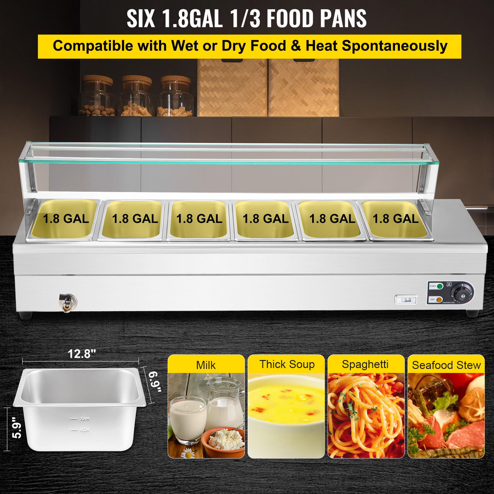 VEVORbrand 6-Pan Bain Marie Food Warmer 6-inch Deep， 1500W Electric Countertop Food Warmer 42 Quartz with Tempered Glass Shield with 6 Lids and 2 Ladles