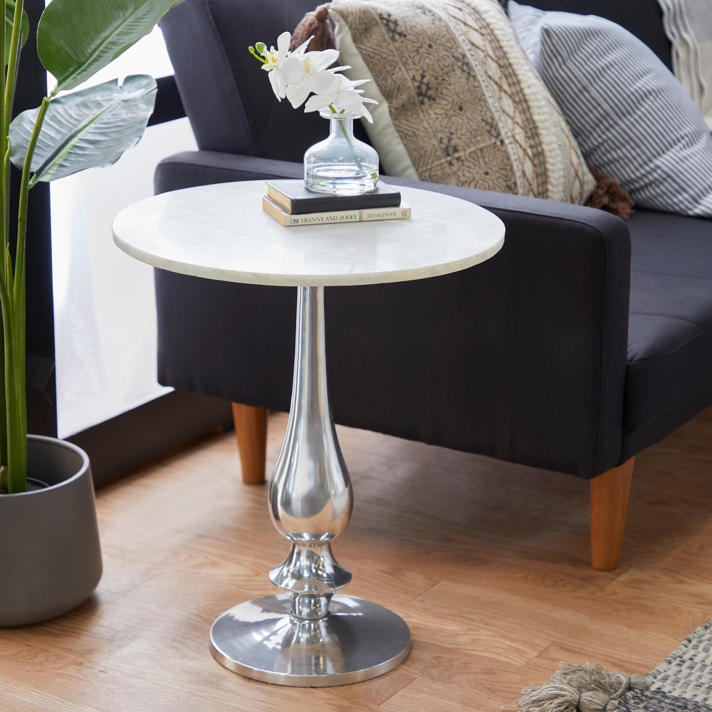 White Marble Accent Table with Silver Aluminium Base   20 x 20 x 24Round