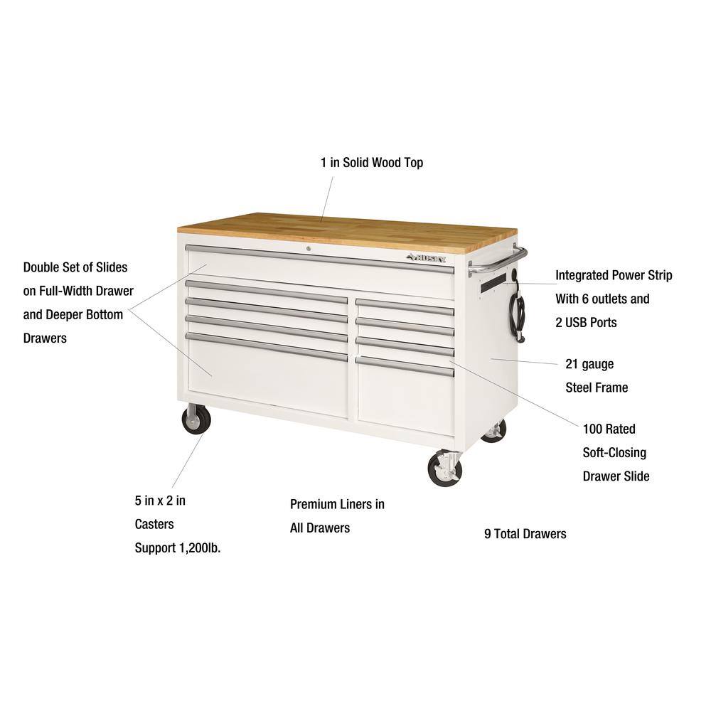 Husky 52 in. W x 24.5 in. D 9-Drawer Standard Duty Mobile Workbench Tool Chest with Solid Work Top and Pegboard in Gloss White HOTC5209BJ2M