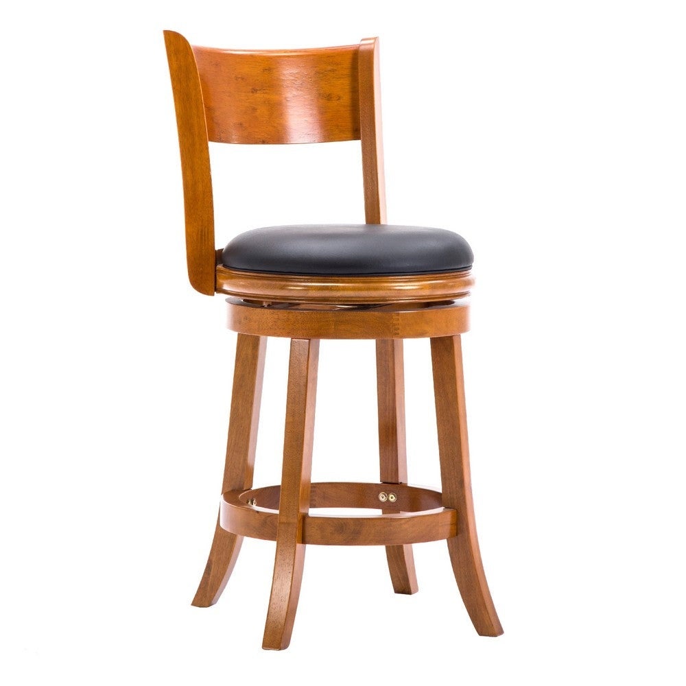 Sabi 24 inch Swivel Counter Stool， Solid Wood， Faux Leather， Brown， Black - 19.5 L x 18 W x 37.5 H