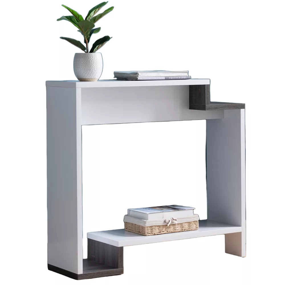 FC Design White and Distressed Grey Console Table with Large Center Display Space