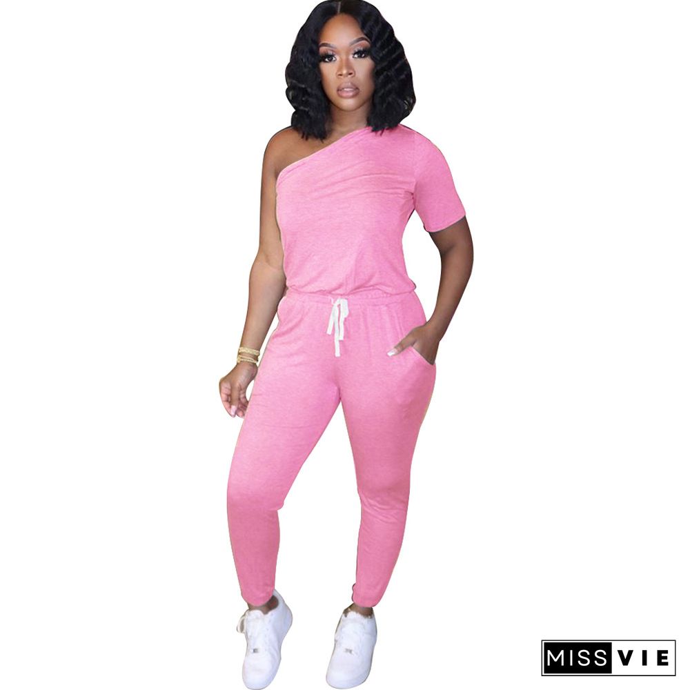 Single Lean Shoulder Sleeves Elastic Band Jumpsuits