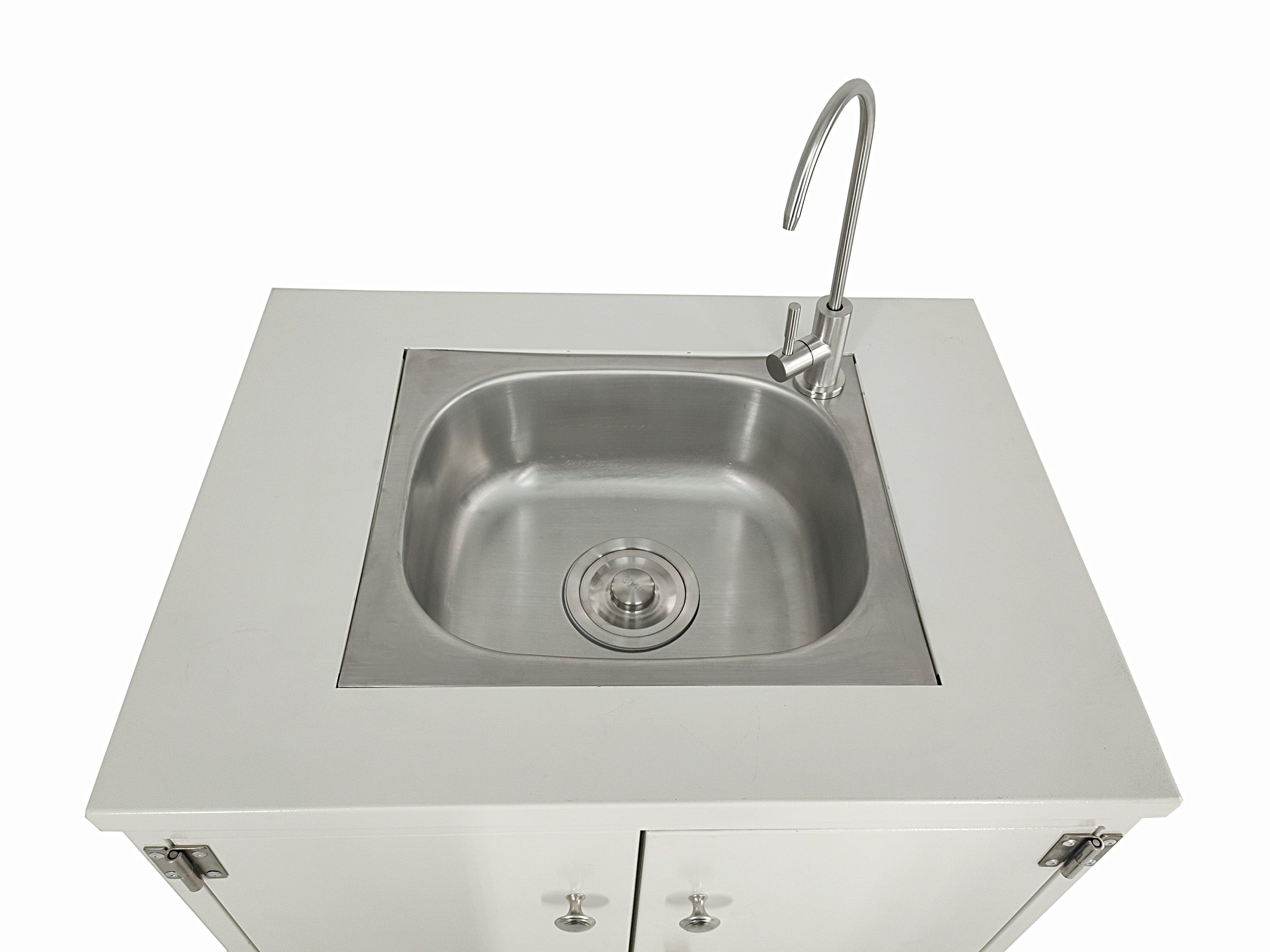 Steel Cabinet Portable Sink Self Contained Hand Wash Station Mobile Sink Water Fountain Water Supply 110V/12V Powered Built-in Pump Water Jugs NOT included 24 X 18 X 30" CABINET SIZE 10094