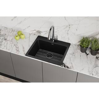 Elkay Quartz Classic Black Quartz 25 in. Single Bowl Drop-In Kitchen Sink with Bottom Grid and Drain ELG2522BK0C