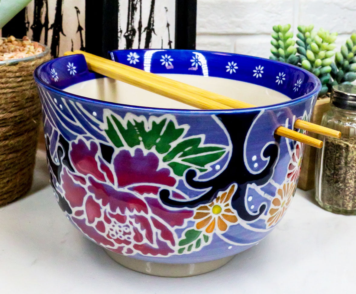 Blue Floral Breeze Ramen Noodles Large 6.25D Pho Soup Bowl With Chopsticks Set