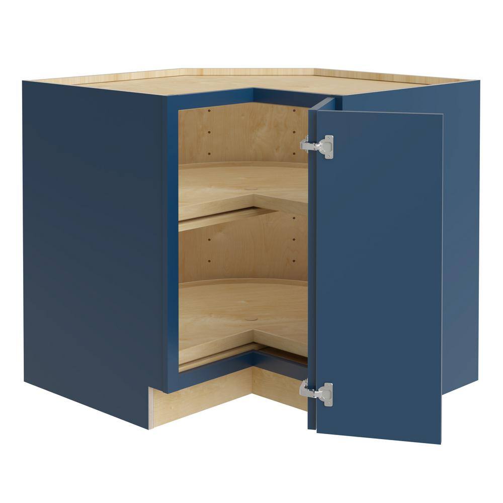 Home Decorators Collection Newport Blue Painted Plywood Shaker Stock Assembled Corner Kitchen Cabinet Lazy Susan Right 36 in. x 34.5 in. x 24 in. EZR36SSR-NMB