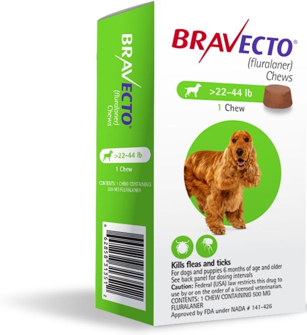 Bravecto Chew for Dogs， 22-44 lbs， (Green Box)