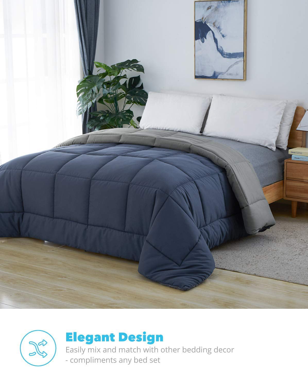 Equinox Comforter - (350 GSM) Navy Blue/Charcoal Grey Alternative Goose Down Duvet (King) - Hypoallergenic， Plush 350GSM Siliconized Fiberfill， Box Stitched， Protects Against