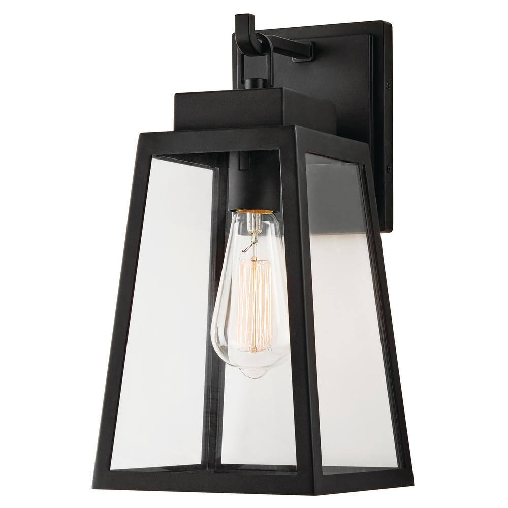 Hampton Bay Corbin Medium 13 in. Modern 1-Light Black Hardwired Outdoor Tapered Wall Lantern Sconce with Clear Glass W2205-21