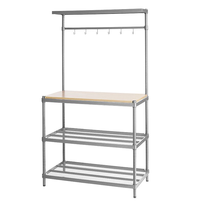 Design Ideas Meshworks Metal Storage Utility Wood Top Shelving Unit Rack， Silver