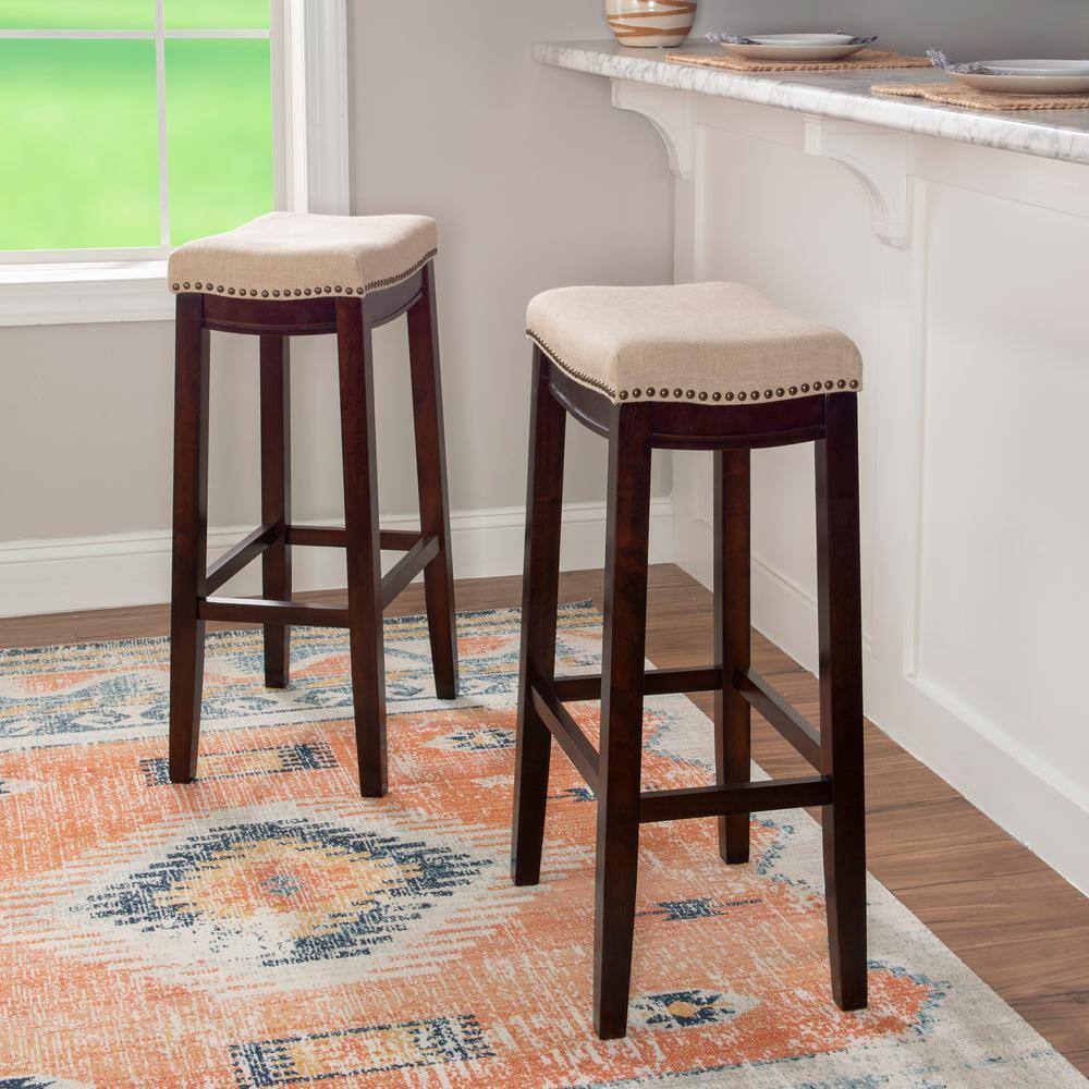 Linon Home Decor Concord Dark Walnut Finish Frame Barstool with Padded Beige Linen Seat 98326WAL-01-KD