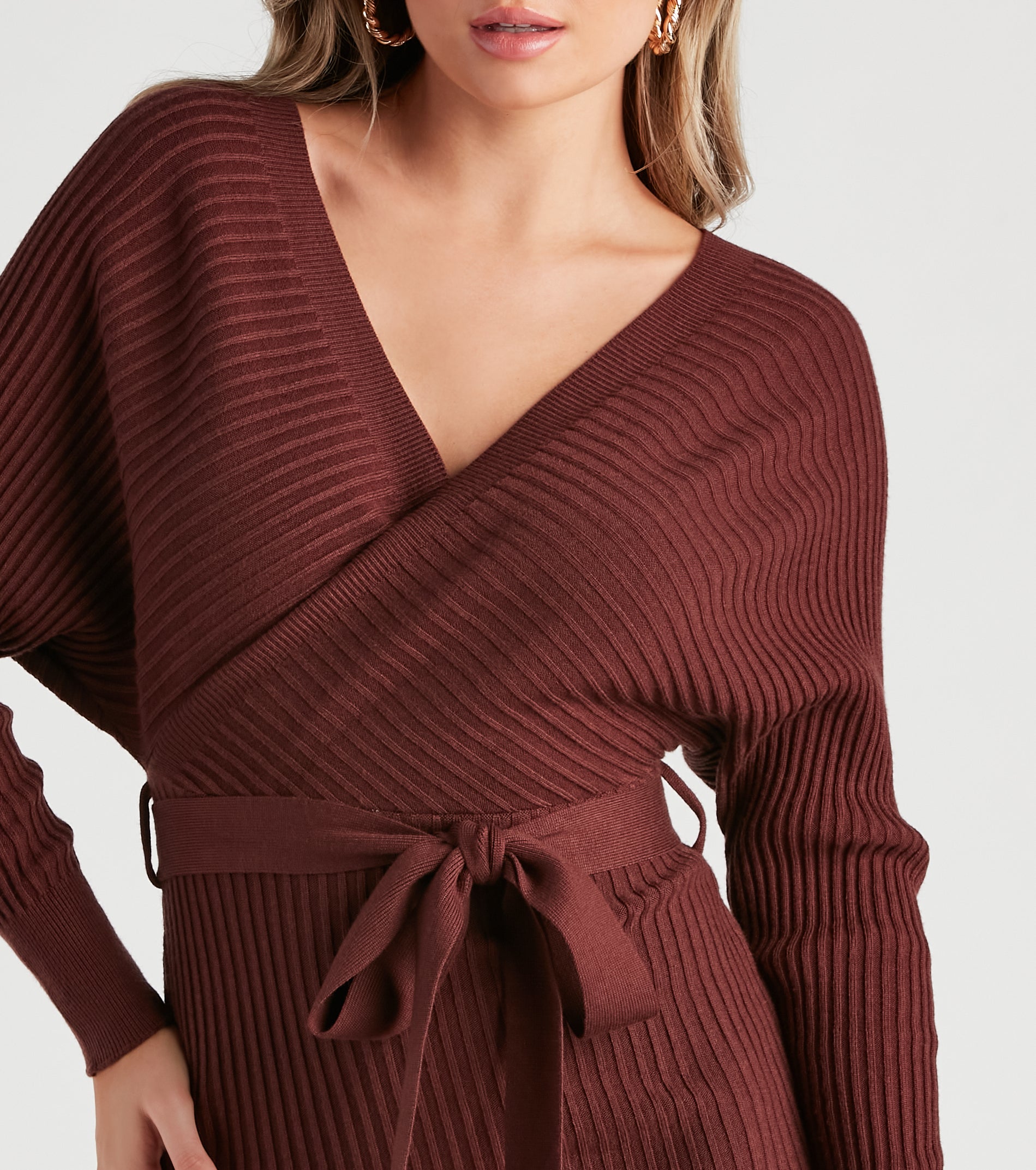 Ribbed Knit Tie-Front Mini Sweater Dress