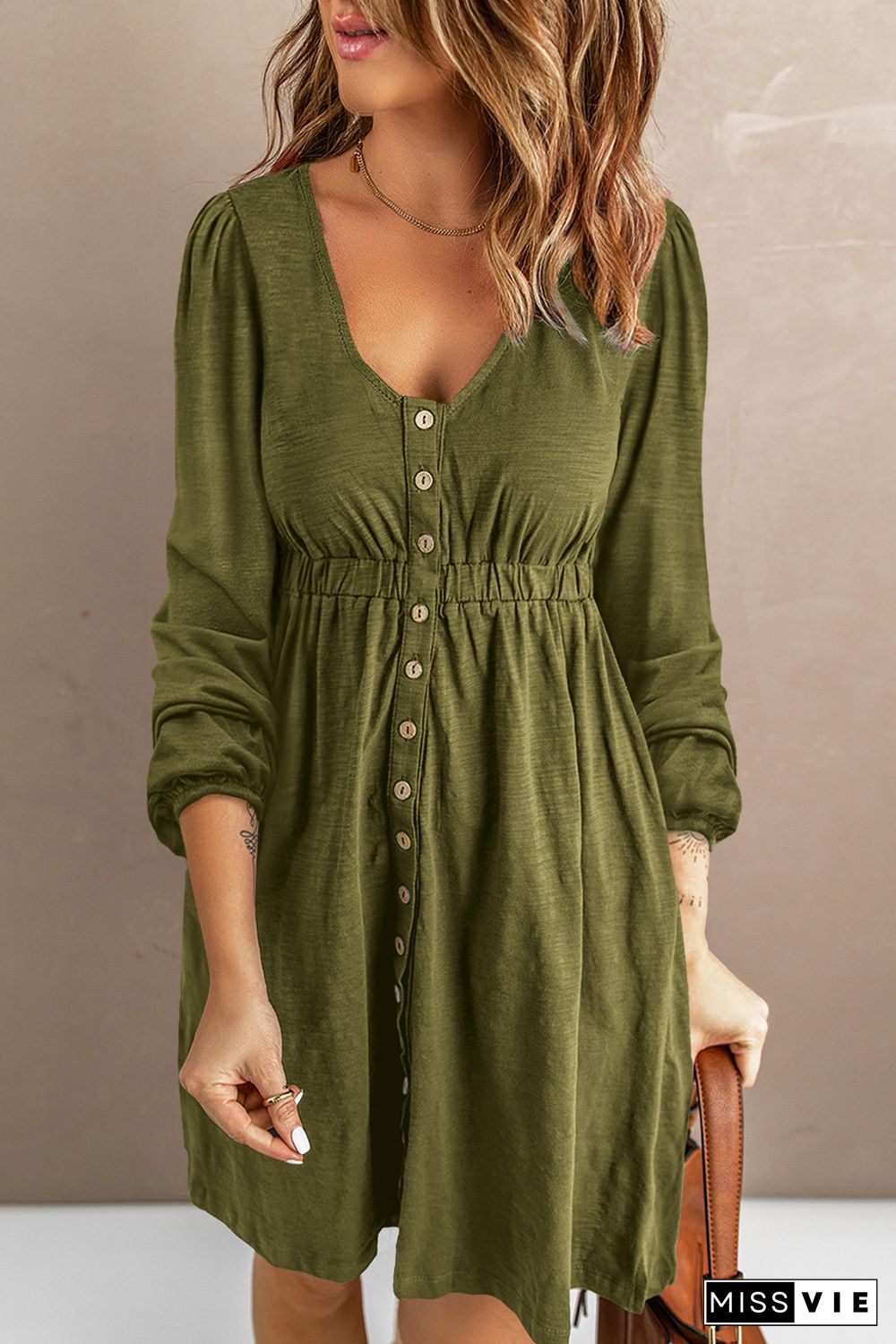 Green Button Up High Waist Long Sleeve Dress