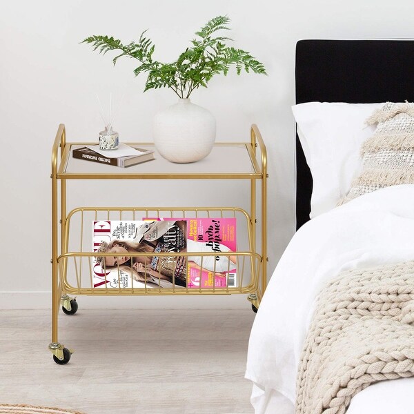 Mobile Gold Glass-top End Table with Magazine Rack