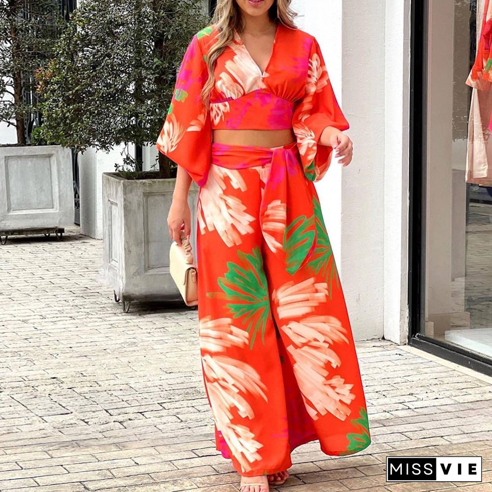 Sexy High Street Shirt Print V-Neck Women Two Piece Set Casual Lantern Sleeve Crop Tops + High Waist Tie-Up Wide Leg Pants Suits