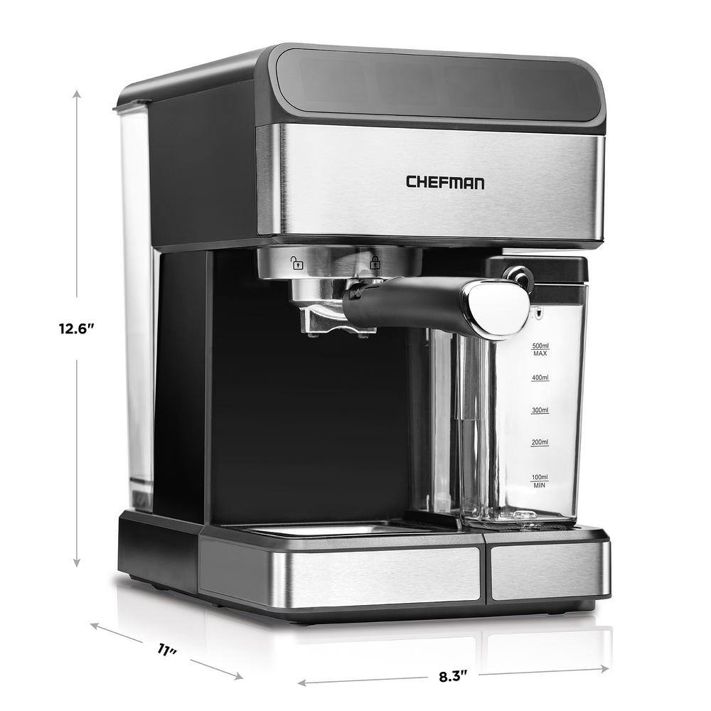 Chefman 7.6 Cup Brew Single and Double Shot Stainless Steel 6-in-1 Espresso Machine 15-Bar Pump Built-In Milk Froth Coffee Maker RJ54