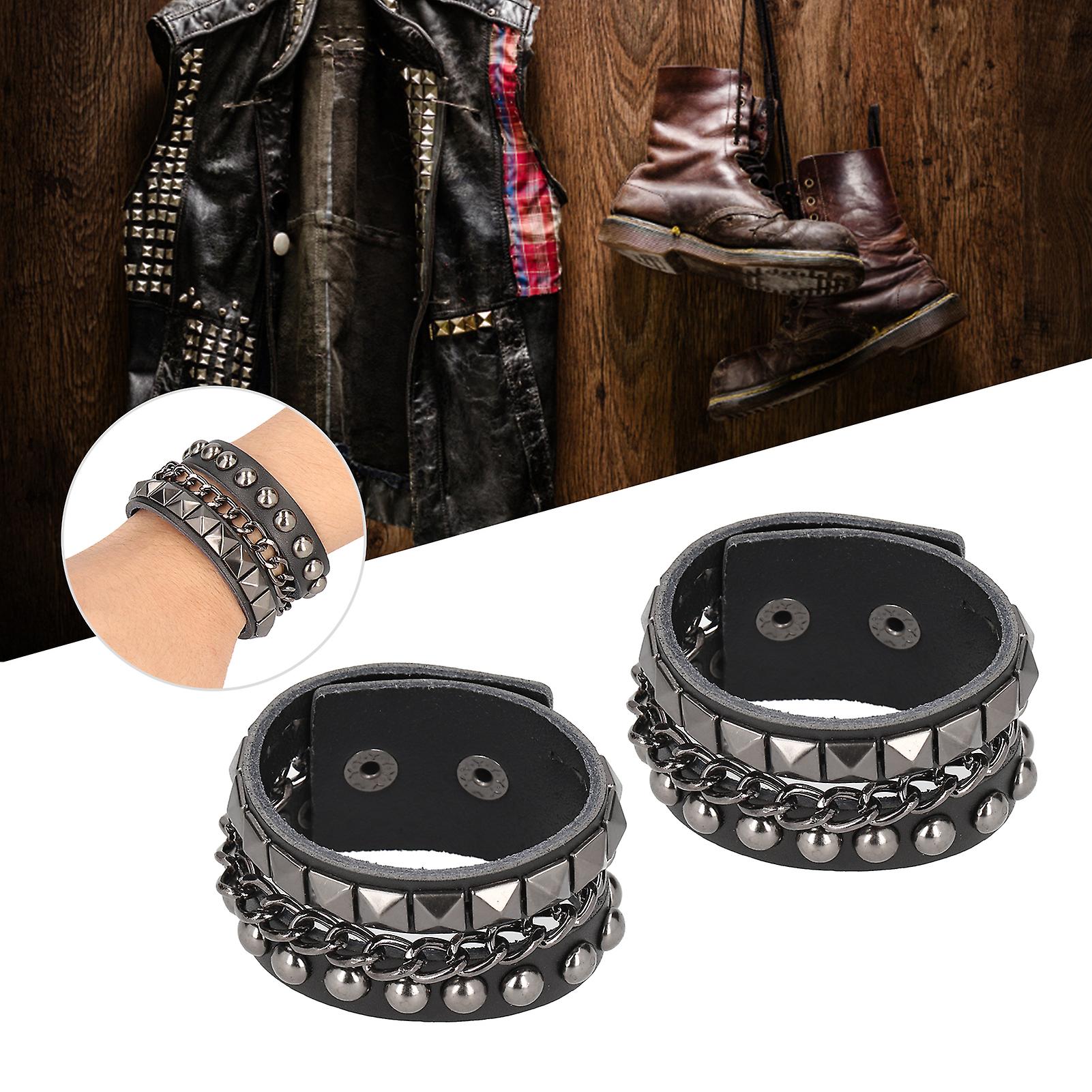 2pcs Punk Wristband Vintage Multilayer Rivet Motorcycle Faux Leather Cuff Bracelets