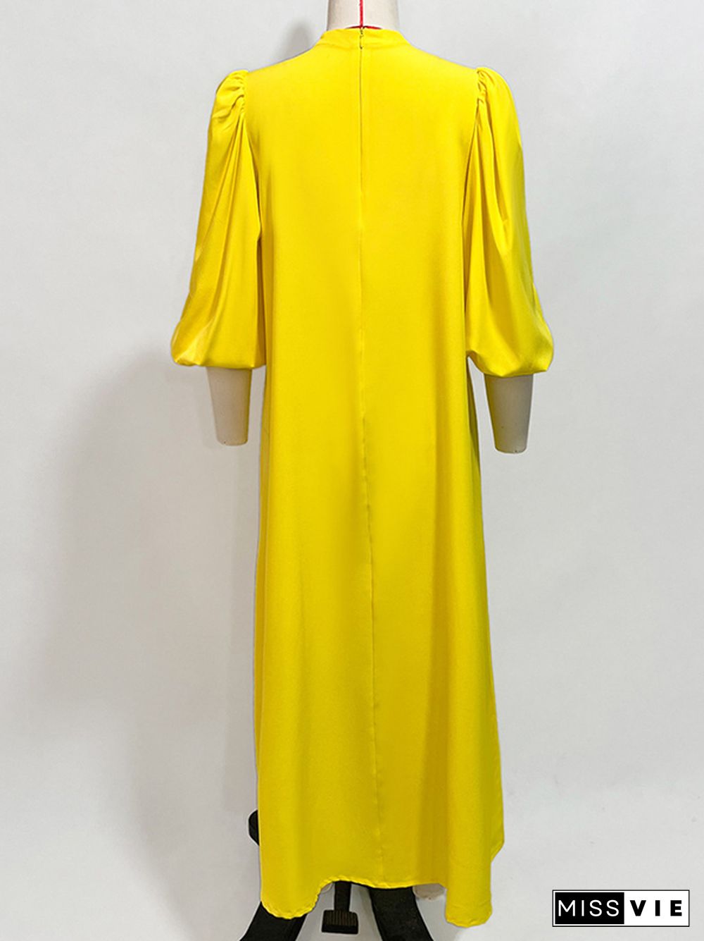 Bishop Sleeve Loose Hollow Rhine Stones Solid Color Mock Neck Maxi Dresses