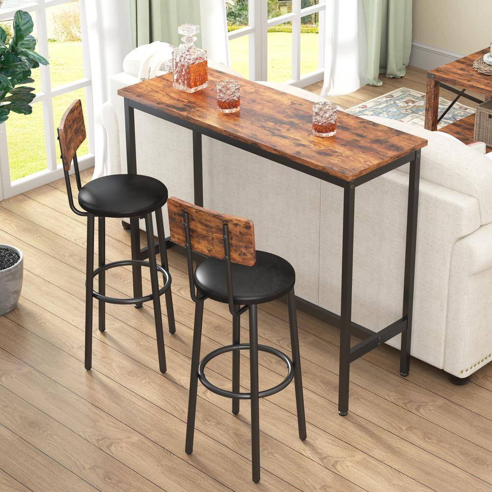 URTR 3-Piece Rectangular Rustic Brown Wood Bar Table Set with 2 Bar Stools Faux Leather Seat with Back and Footrest Seats 2 HY02035Y