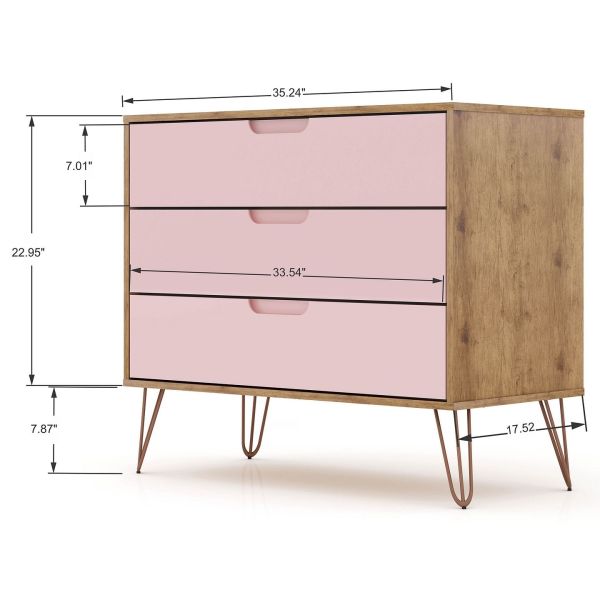 Rockefeller 3 Piece Bedroom Set Tall 5-Drawer Dresser， Standard 3- Drawer Dresser and 2-Drawer Nightstand in Nature and Rose Pink