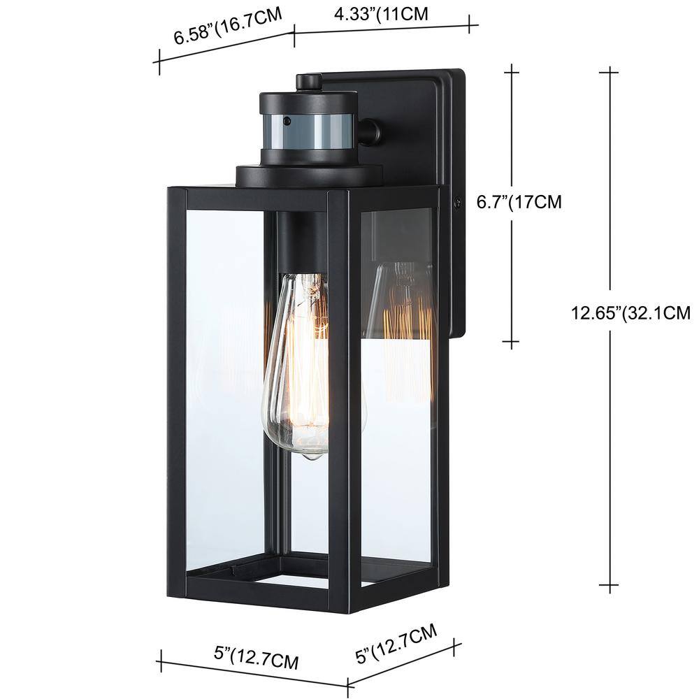 Uixe 12 in. 1-Light Matte Black Motion Sensing Dusk to Dawn Outdoor Wall Lantern Sconce Sensor SSL-12121-MS