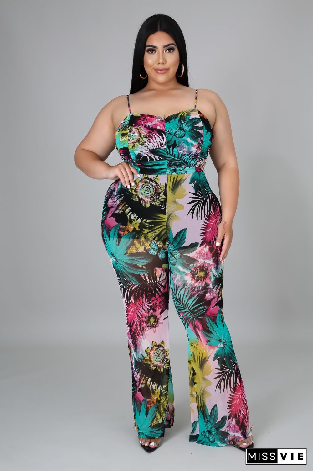 Plus Size Floral Print Sleeveless Wide Leg Jumpsuit