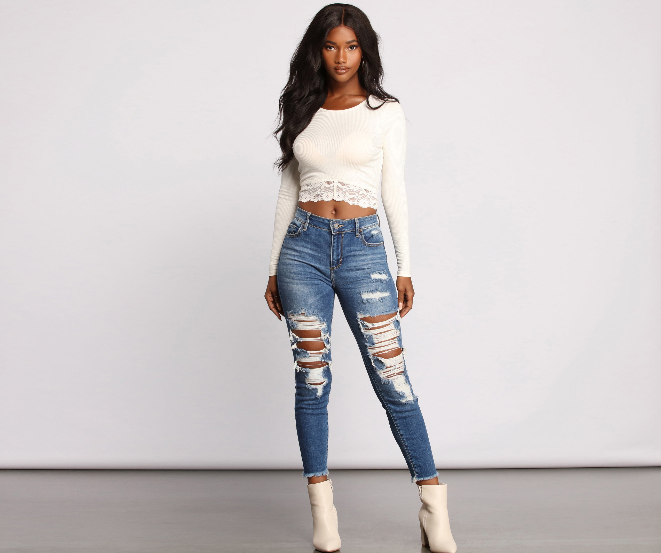 Ribbed Tie Back Lace Hem Crop Top