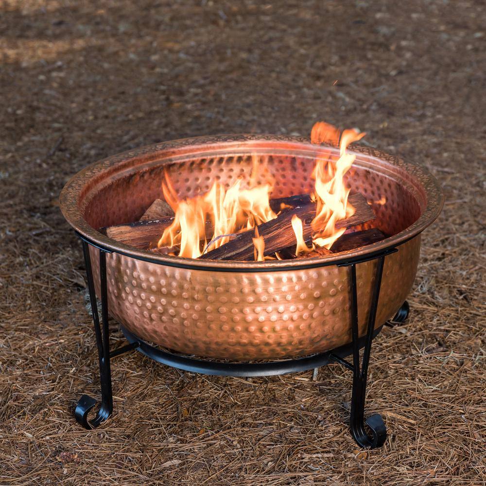 Fire Sense Palermo 26 in. x 21 in. Round Hammered Wood Burning Fire Pit in Copper With Fire Tool