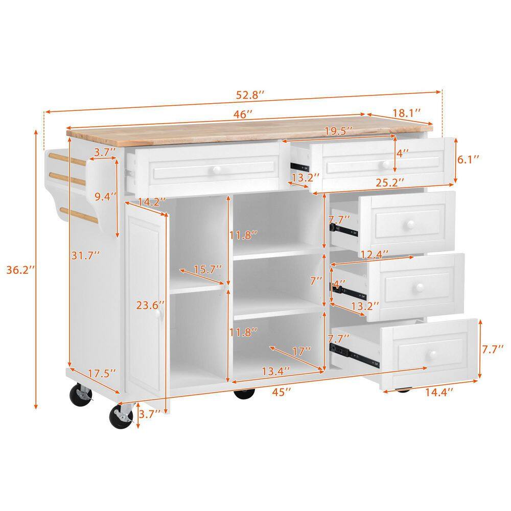 Runesay White Kitchen Island Cart Rubber Wood Desktop Rolling Mobile with Adjustable Shelves Storage and 5-Drawer KIWH-11193