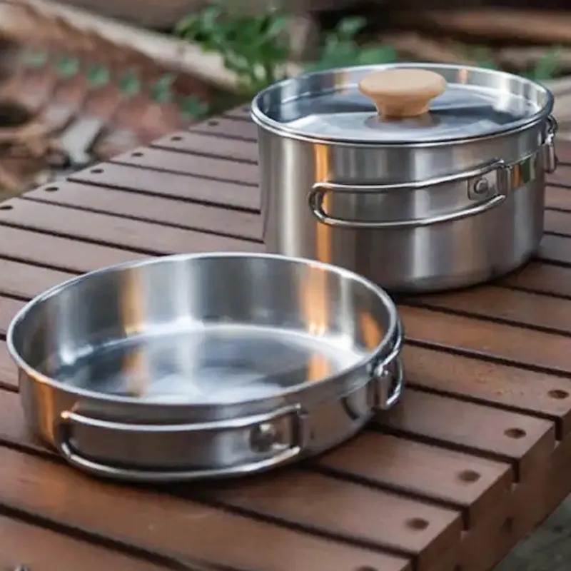 Outdoor mountaineering 304 stainless steel folding handle pot camping portable frying pan soup pot family picnic pot set