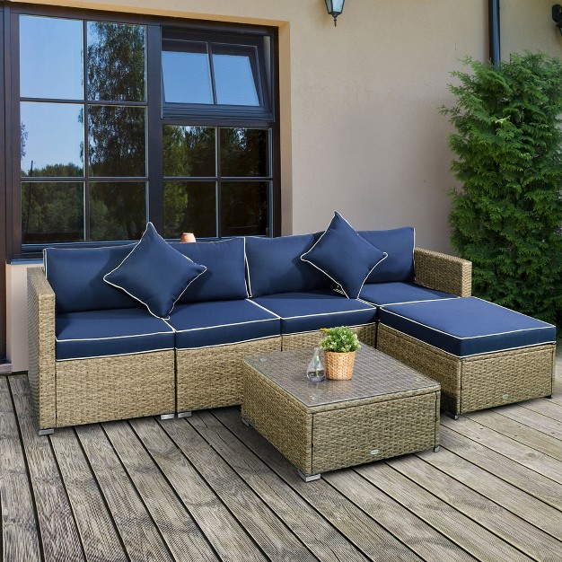 Outsunny 6 Pieces Outdoor Pe Rattan Sofa Set Sectional Conversation Wicker Patio Couch Furniture Set With Cushions And Coffee Table