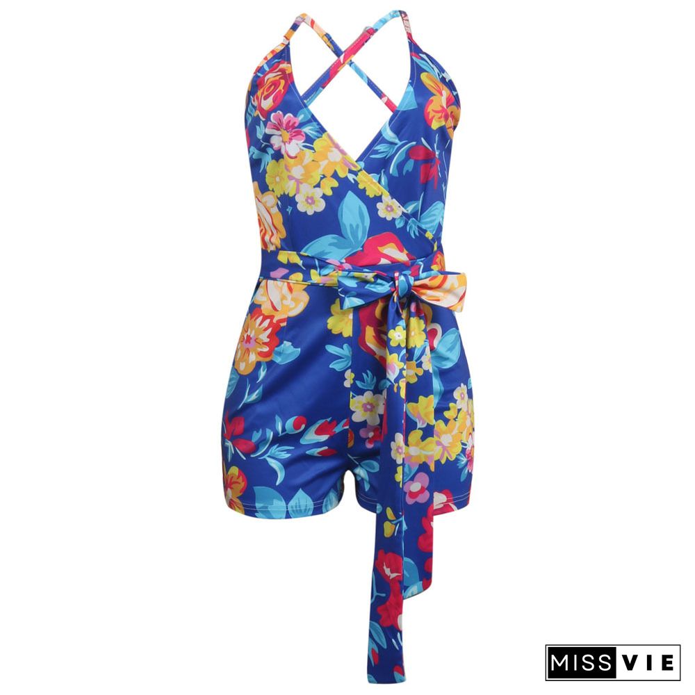 Women Holiday Floral Print V Neck Sleeveless Summer Bandage Beach Halter Neck Skinny Rompers